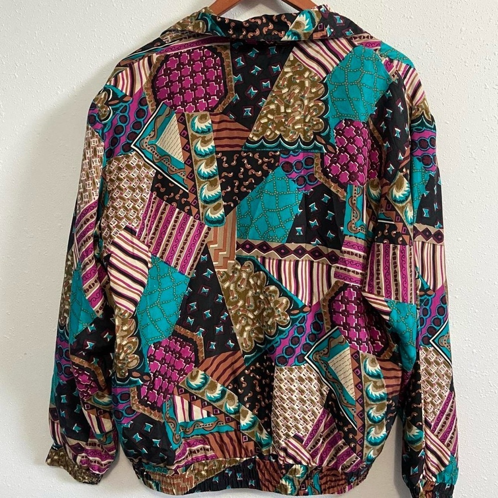 Vintage 80s Oleg Cassini Silk Multicolor Patchwork Bomber Jacket - Picture 5 of 5